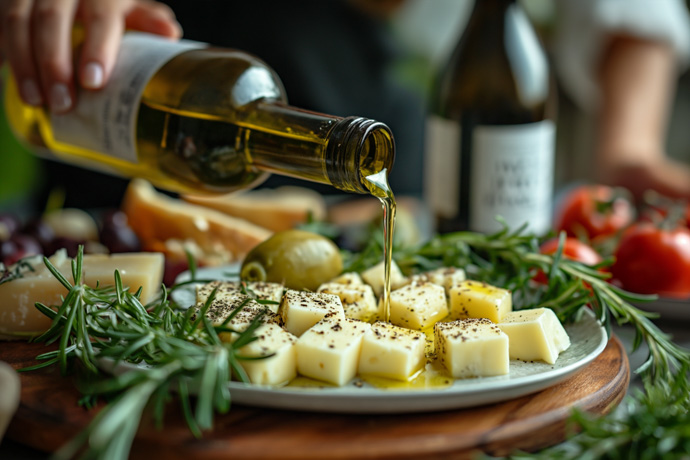 Mujer echando el superalimento del aceite de oliva en su comida. 