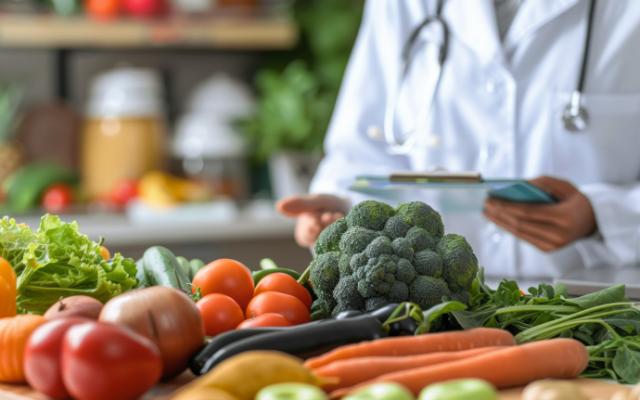 Médico mostrando alimentos buenos para el cerebro.